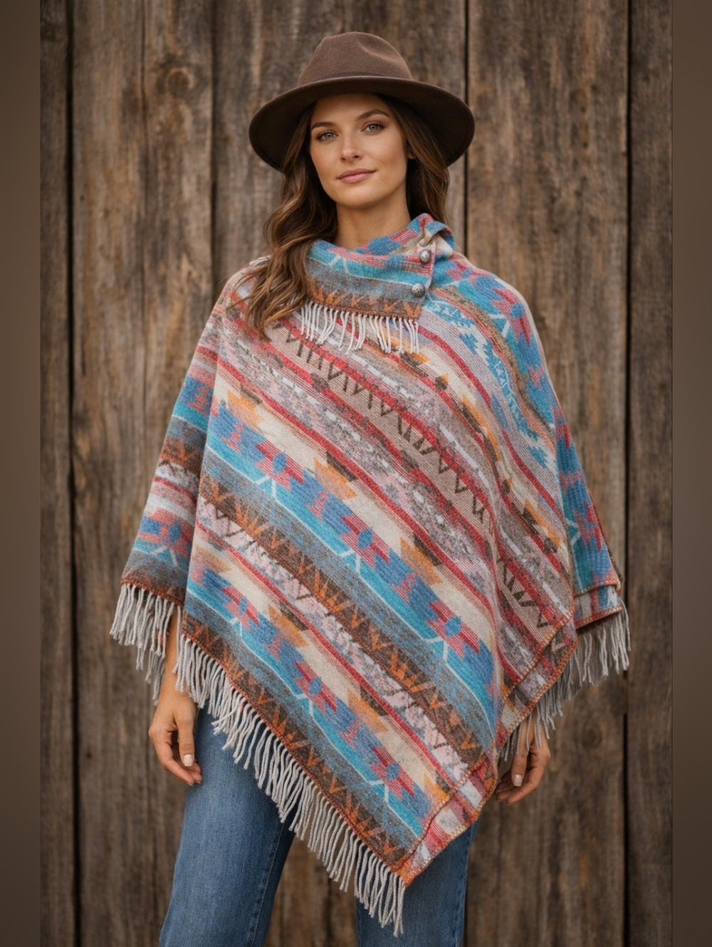 Rhonda Stark Sonora Fringe Button Collar Poncho 30” Southwestern Aztec Boho Cape